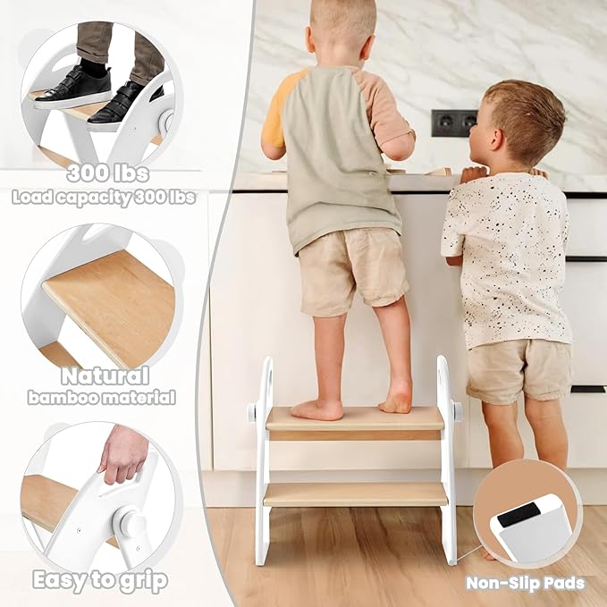 Wooden Step Stool, 300 lb. Load Capacity, with Safety Non-Slip Pads and Handles, Bamboo Step Stool for Bathroom and Kitchen, Gift for Christmas (White)