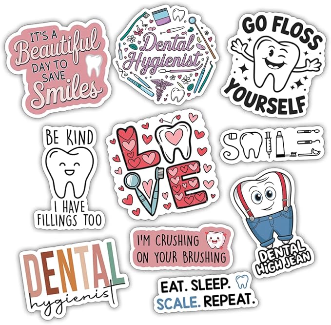 10pcs Dental Hygiene Sticker Sheet, Cute Vinyl Decals for Dental Hygienists, Office Staff, Oral Health Advocates, Waterproof, UV-Resistant, for Laptop, Water Bottle, Journal, Notebook, Clipboard