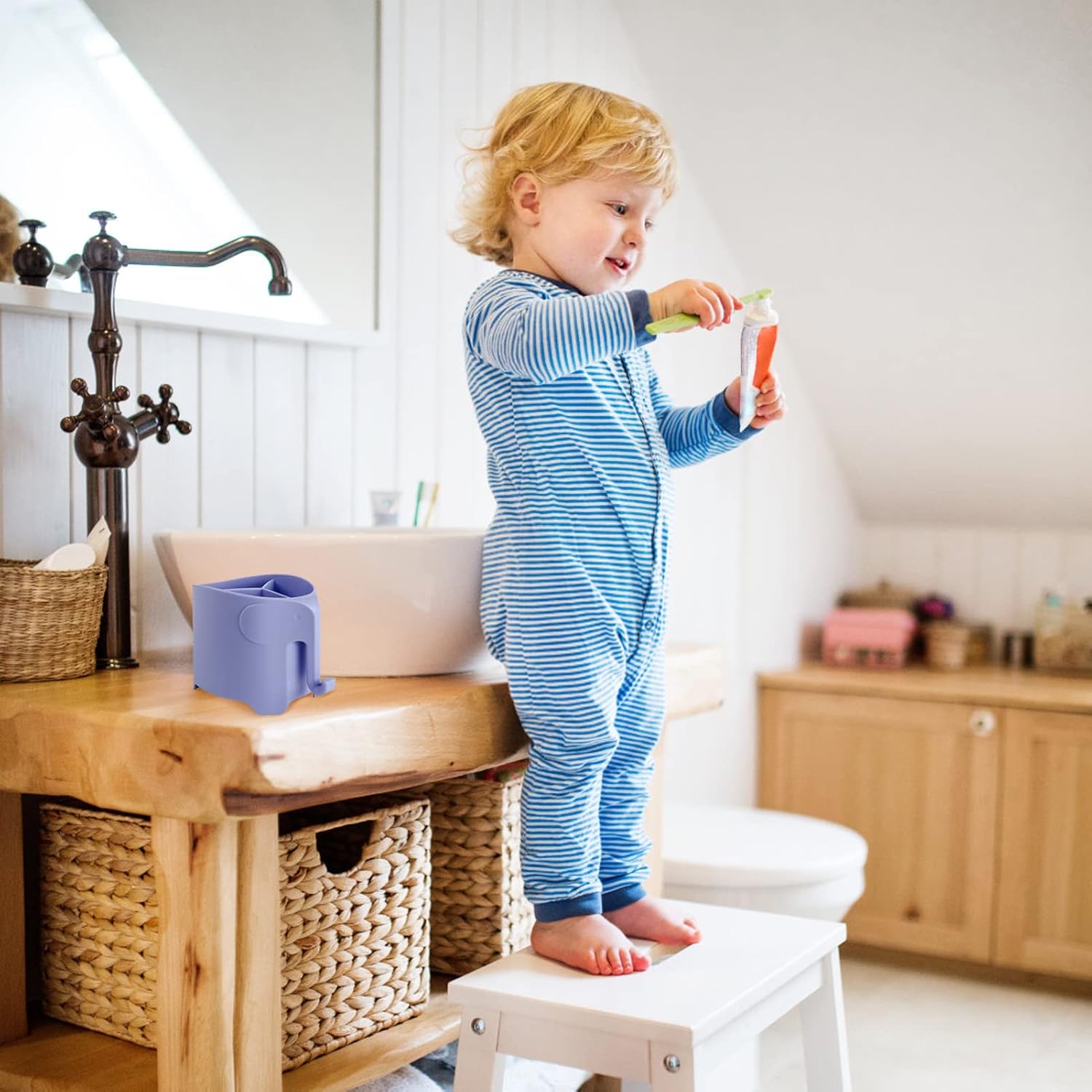 RyanLemon Elephant Toothbrush Holder for Kids, Suction Cup Electric Toothbrush and Toothpaste Holder for Toddler, Cute Toddler Toothbrush Holder with 3 Slots and a Hook for Hanging Bath Ball, Purple