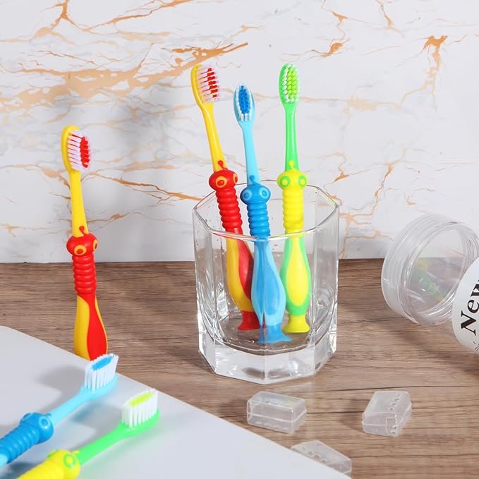 Newday Kids toothbrushes 6 Pack Soft Bristles Fun Lovely with Suction Cup, Includes Travel Covers, Animal toothbrushes for Kids Boys & Girls, Toddlers & Children's Teeth Age 3+, (Blue&Green&Red)