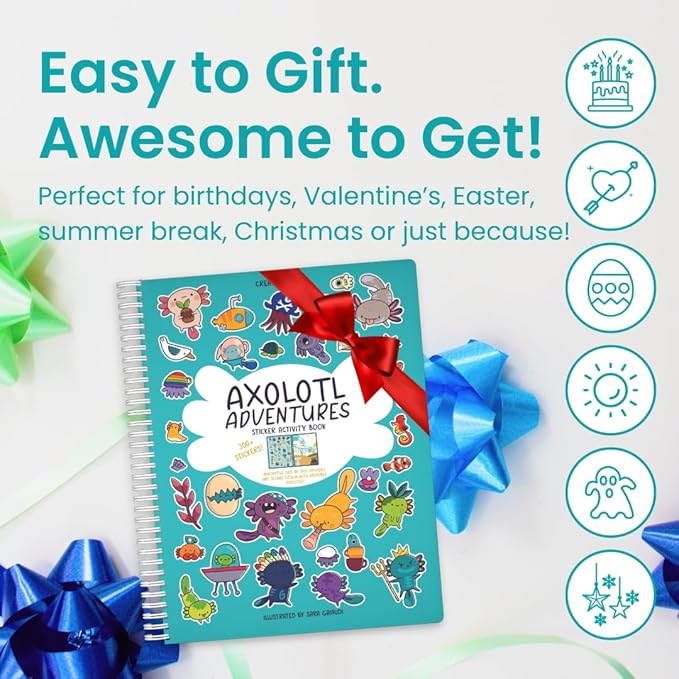 Cupkin Axolotl Sticker Book Activity, Toddler Airplane Travel Essentials, 300+ Axolotl Stickers for Kids + Eight Scenes + 8 Coloring Book Pages, Animal Lover Children's Gift, Kids Crafts for Ages 2-8