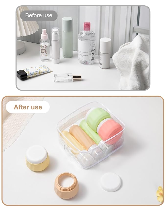 Travel Bottles for Toiletries 8 Pack, Travel Size Toiletries, Tsa Approved Travel Size Containers 3oz, with Travel Essentials Clear Bag, Leak Proof Silicone Squeezable Creams Jars