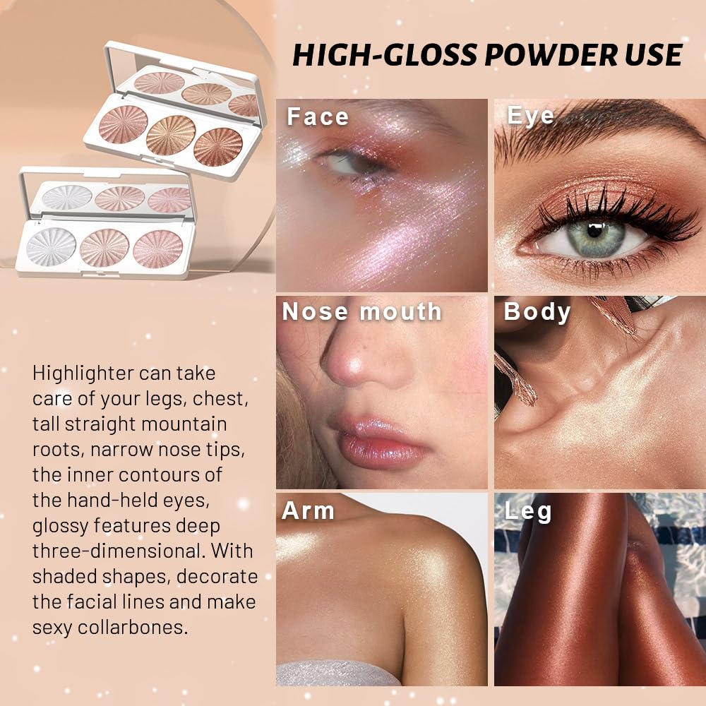 Pink Pearl Golden Champagne Bronze Rose Shimmer Glitter Highlighter Highlight Makeup Contour Powder,Glitter Face Illuminator Highlighter, Illuminator Make Up (Sunset Radiance Trio)