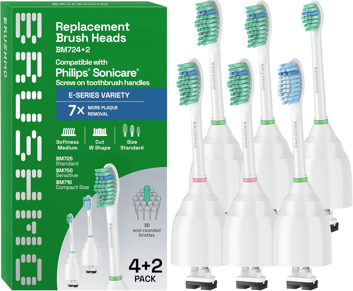 Brushmo e-Series Variety Replacement Toothbrush Heads, Compatible with Philips Sonicare Screw-on Toothbrush Handles, 6 Variety Heads (Standard, Compact & Sensitive), Dupont Bristles, BM724+2, White