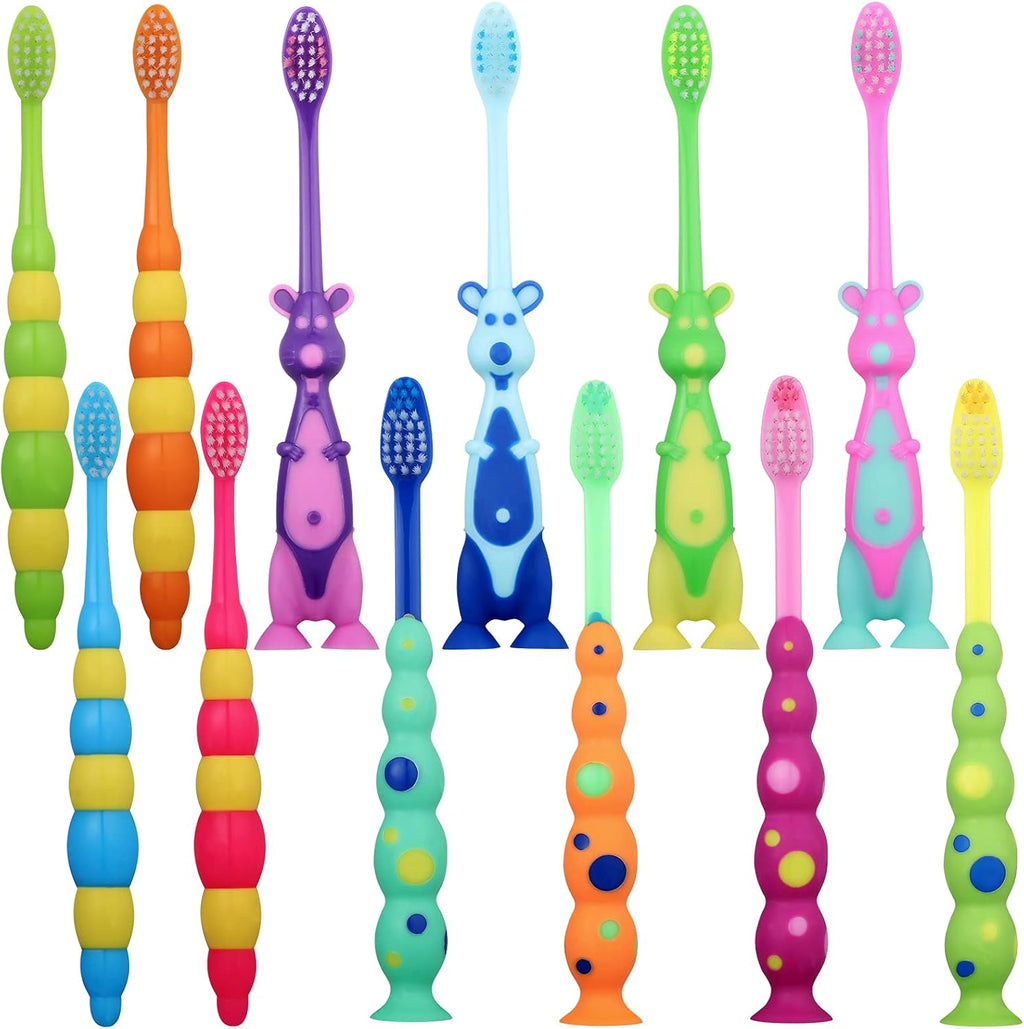 12-Piece Toddler Toothbrush Pack - Kids Toothbrushes with Covers, Suction Cup, Soft Bristles, Animal Design for Sensitive Teeth