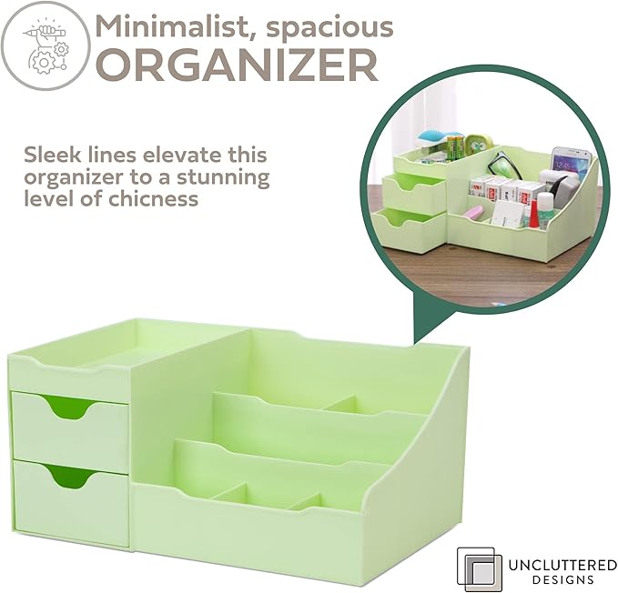 Uncluttered Designs Makeup Organizer With Drawers - Modern Countertop Storage for Cosmetics - Chic Vanity Holder for Perfume, Skincare, Brush, Lipstick, Nail Polish Organization & Display (Green)