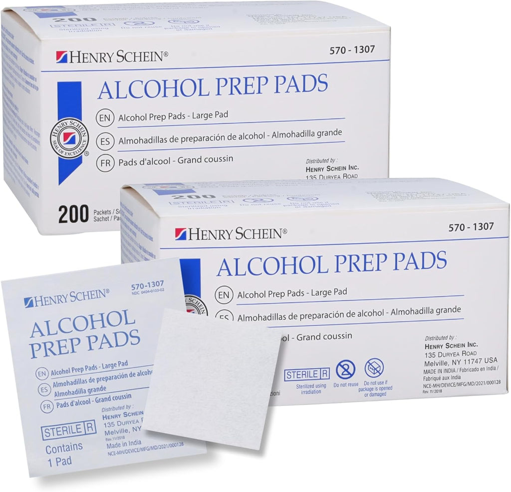 Henry Schein Large Alcohol Prep Pads (2 Boxes, 400 Total) – 70% Isopropyl Alcohol Wipes, Individually Wrapped – 2-Ply, Textured – Skin Prep Alcohol Swabs – Sterile Pads