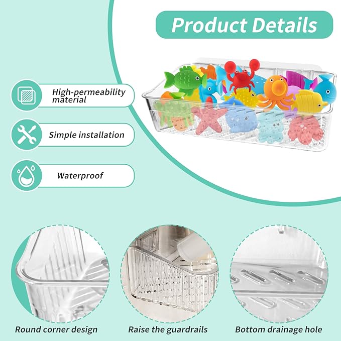2 Pack Bath Toy Storage Holder Bathtub Toy Organizer, Clear Bath Organizer Wall Mounted, Quick-Dry Bathtub Storage with Drain Holes, Easy Install and Clean Shower Caddy for Bathroom