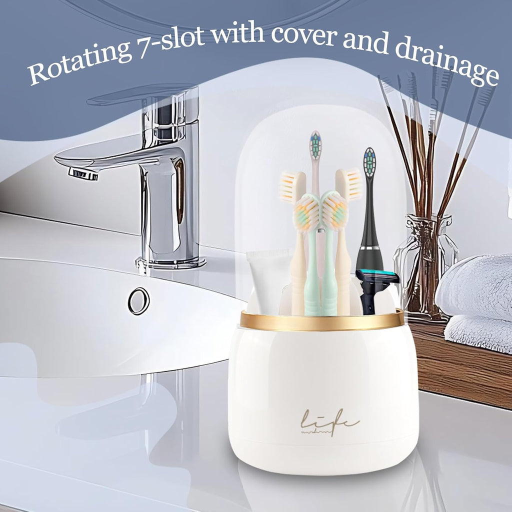 Toothbrush Holders for Bathrooms, 360° Rotating with Cover and Draining Water,Tooth Brush Toothpaste Holder Bathroom Counter Stand Sink Organizer Caddy for Vanity Makeup Brushes Holder
