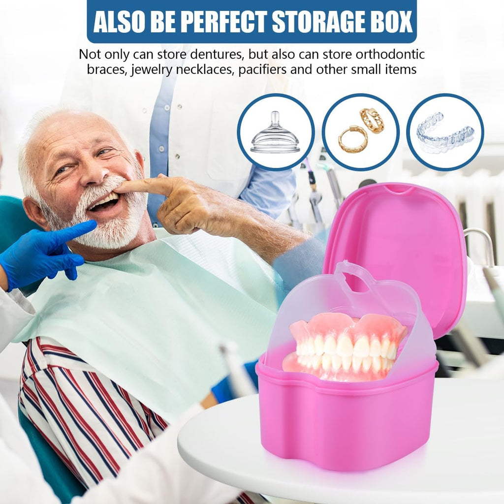 2 Pack Colors Denture Bath Case Cup Box Holder Storage Soak Container with Strainer Basket for Travel Cleaning (Light Blue and Pink)