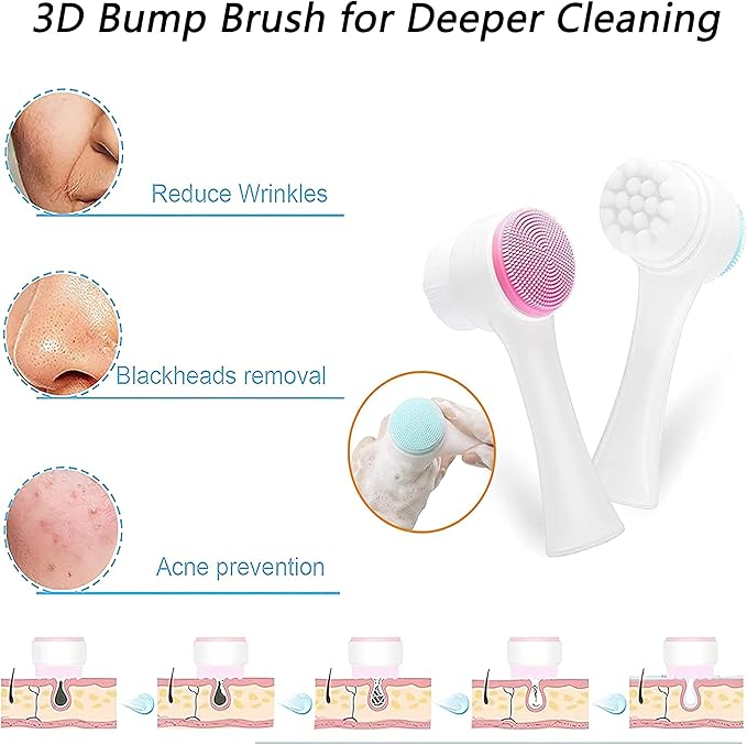2 Pcs Face Washing Brushes, 2 in 1 Silicone Facial Cleansing Brush with Super Soft Bristles, Silicone Scrubber Face for Deep Pore Cleansing, Massage, Exfoliator, Skincare Makeup Removal(Pink, Blue)