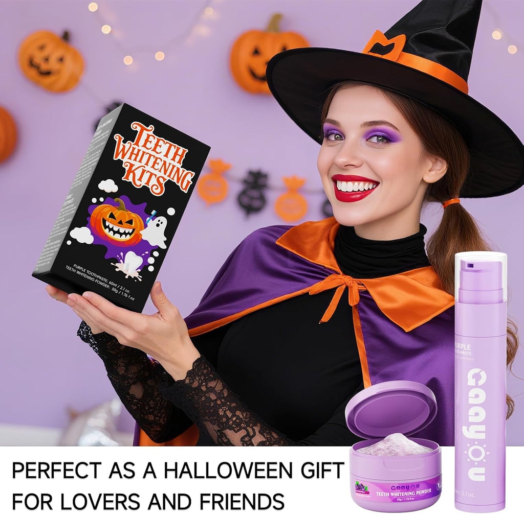 Teeth Whitening Powder Purple Teeth Whitening Kits Natural Tooth Powder Halloween Theme Favors Gifts Set Powder Toothpaste for Men Women Tooth Stain Removal