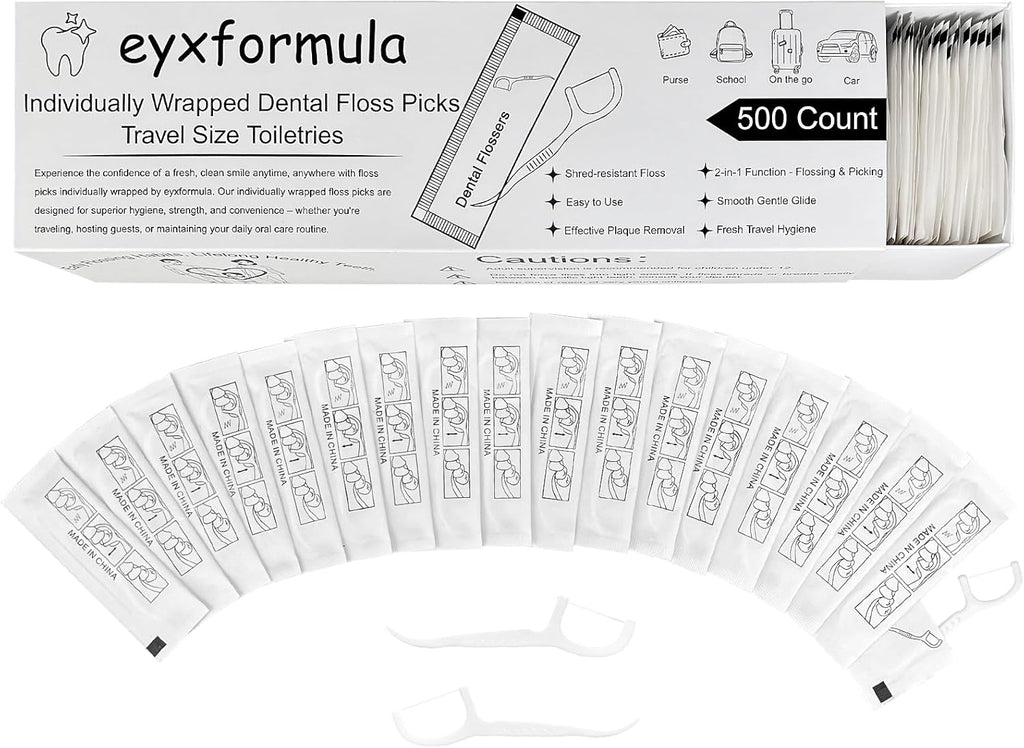 Eyxformula 500 Count Individually Wrapped Floss Picks, Disposable Mini Travel Size Dental Flossers, Bulk Individual Floss Sticks for Hotel Office Car Guest Bathroom On-The-Go Oral Care Teeth Clean
