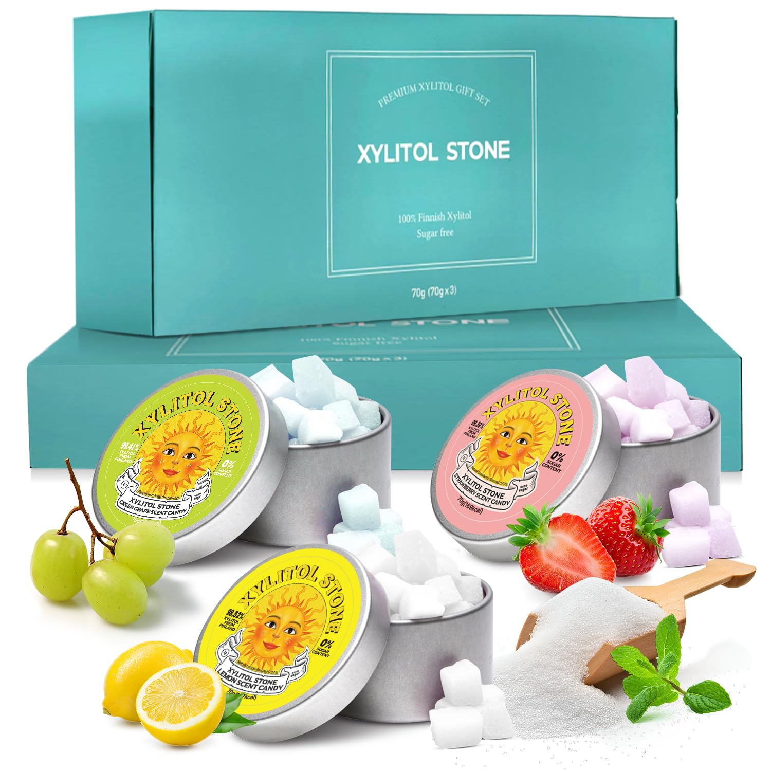 Xylitol Stone Sugar Free Candy - Vegan & Keto Friendly Unique Hard Candy - 100% Natural Flavor Candies - Gluten Free & Non-GMO Breath Freshener Mints - Pack of 3 (Strawberry, Green Grape, Lemon)