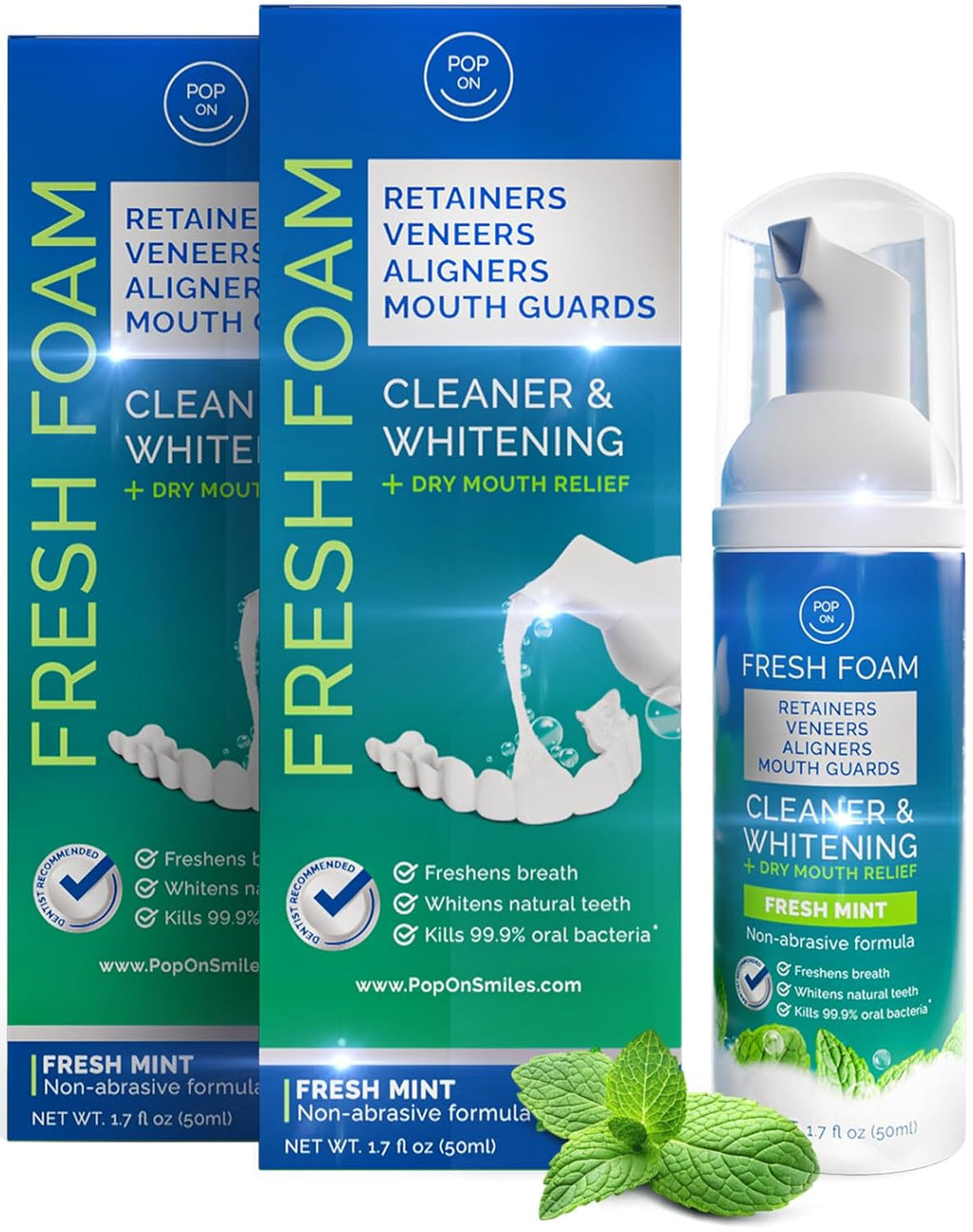 Aligner & Retainer Cleaner Foam – Dry Mouth Relief, Compatible with Invisalign, Aligners, Retainers, Mouth Guards, Night Guards, Veneers, Whitens, Freshens, 3% Hydrogen Peroxide, Mint - 50ml, 2 PC