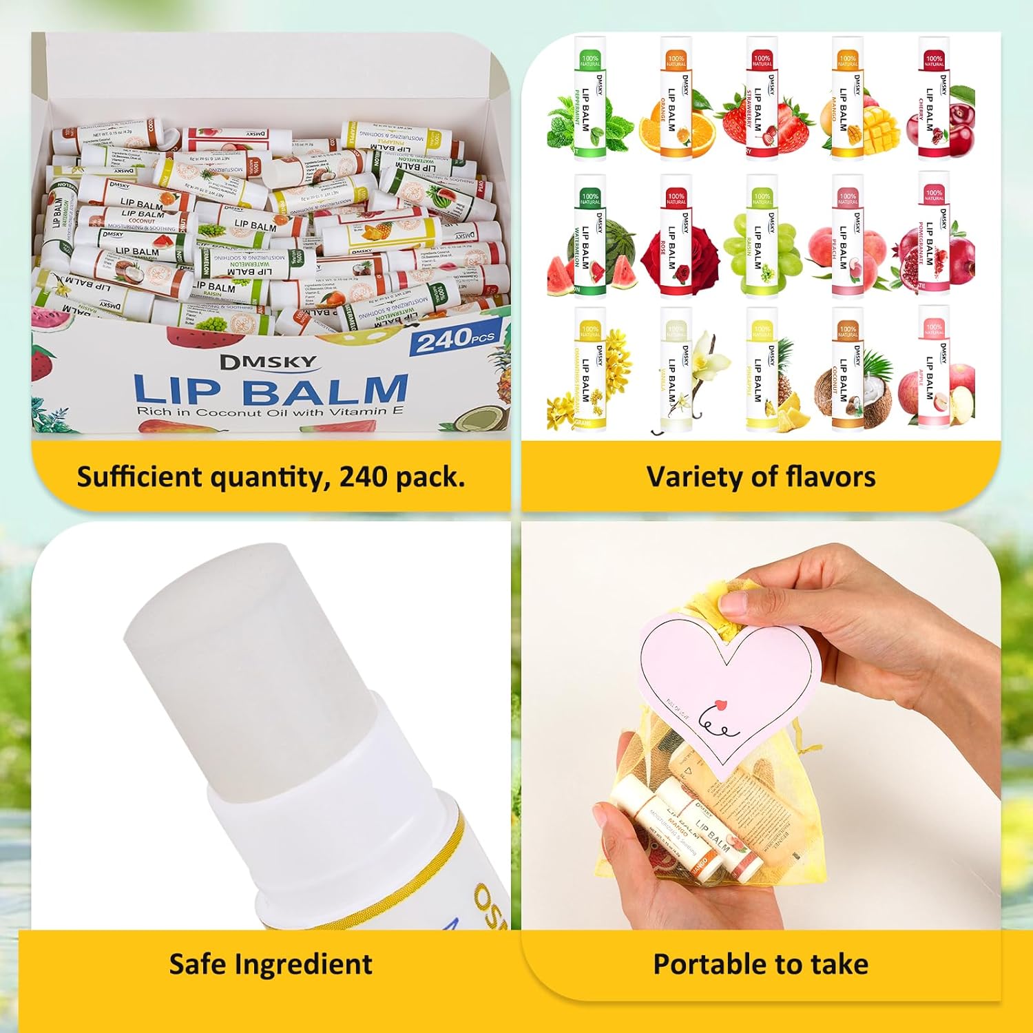 DMSKY 240 Pack Lip Balm, Natural Lip Balm Bulk with Vitamin E and Coconut Oil, Moisturizing Lip Balms for Chapped Lips, Bulk Lip Balms for Women-15 Flavors