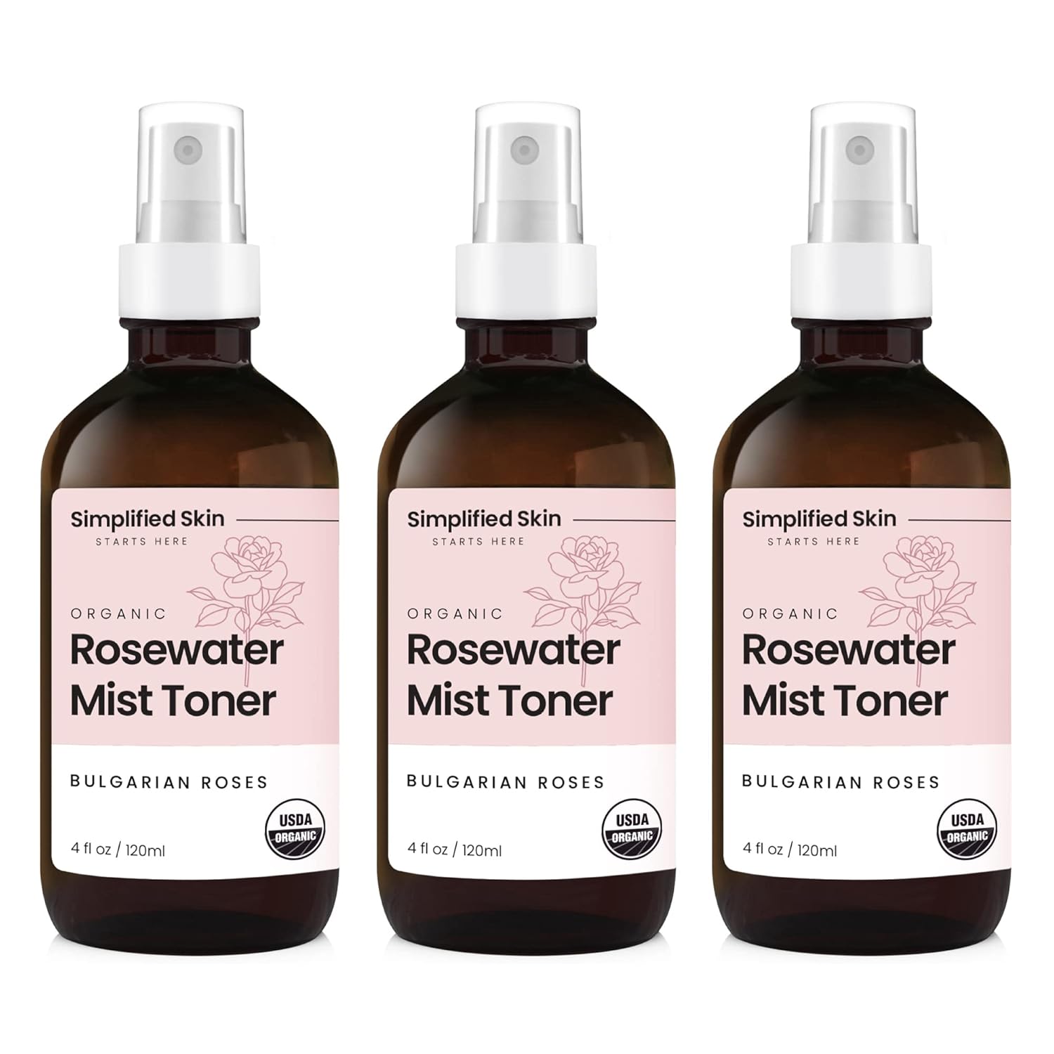 Rose Water Spray for Face & Hair – Pure USDA Organic Rosewater Toner – Refreshing Mist for Skin Care, Makeup & Locs – Natural Rose Scent, 4 Oz (3 Pack)
