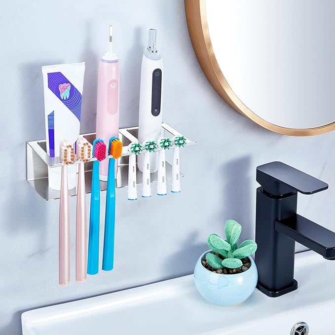 Electric Toothbrush Head Holders, Electric Toothbrush Holders Wall Mounted, Shower Electric Head Holder, Toothbrush and Toothpaste Holder, Adhesive Tooth Brushing Holder for Bathroom (Silver, Large)
