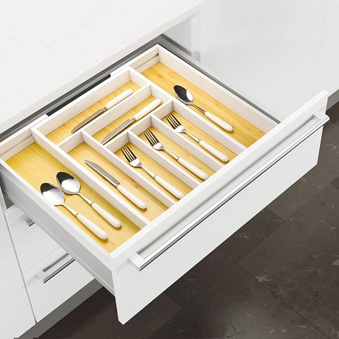 Cozee Bay Bamboo drawer organizer, utensil holder, silverware organizer, and adjustable cutlery tray with drawer dividers, for kitchen, office desk, and bathroom storage (White)