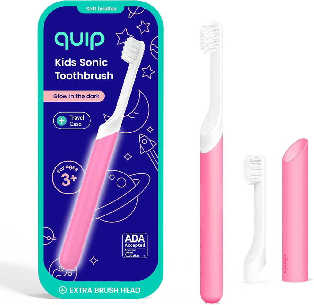 Quip Plastic Sonic Toothbrush for Kids Plus Extra Brush Head - GITD Pink (Glow in The Dark)