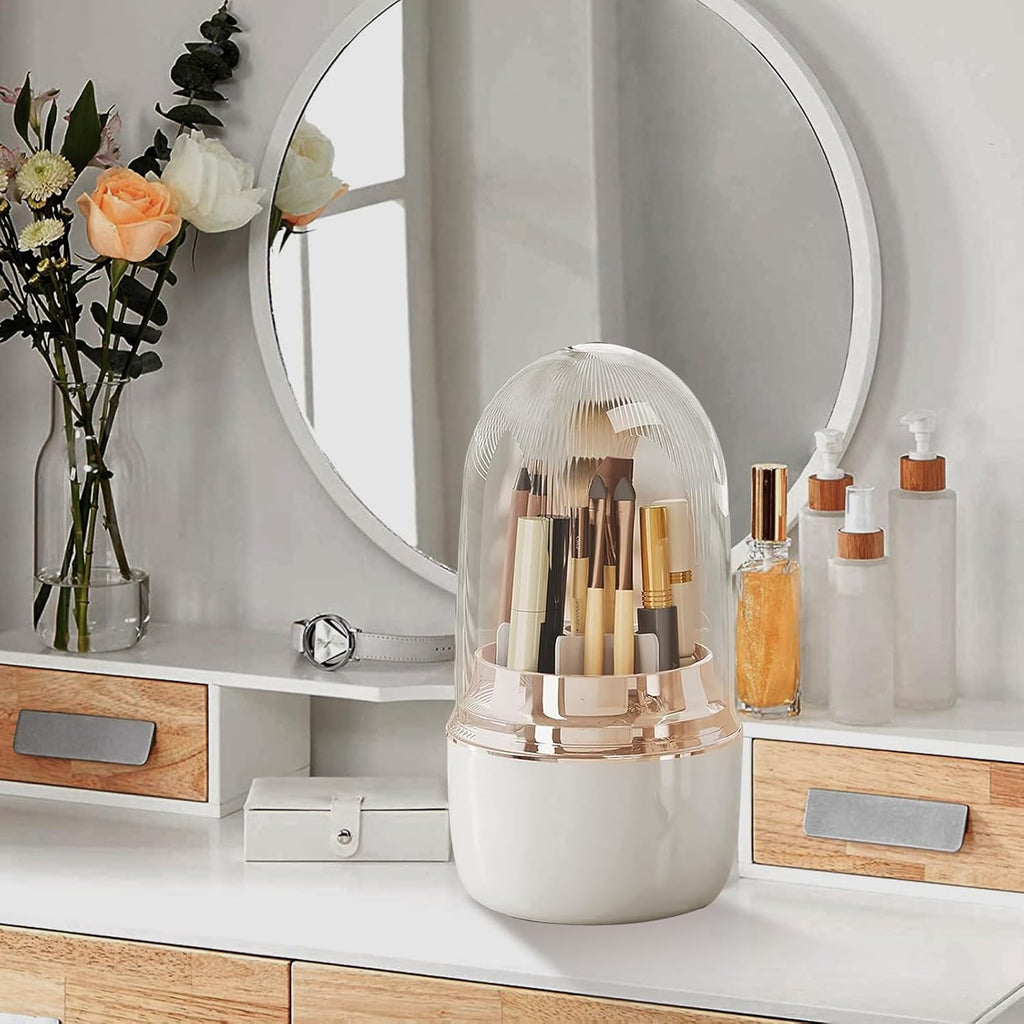 360° Rotating Toothbrush Holder with Cover, 7-Slot Bathroom Organizer for Electric Toothbrush, Toothpaste, Razors, Draining Water, Countertop Vanity Storage