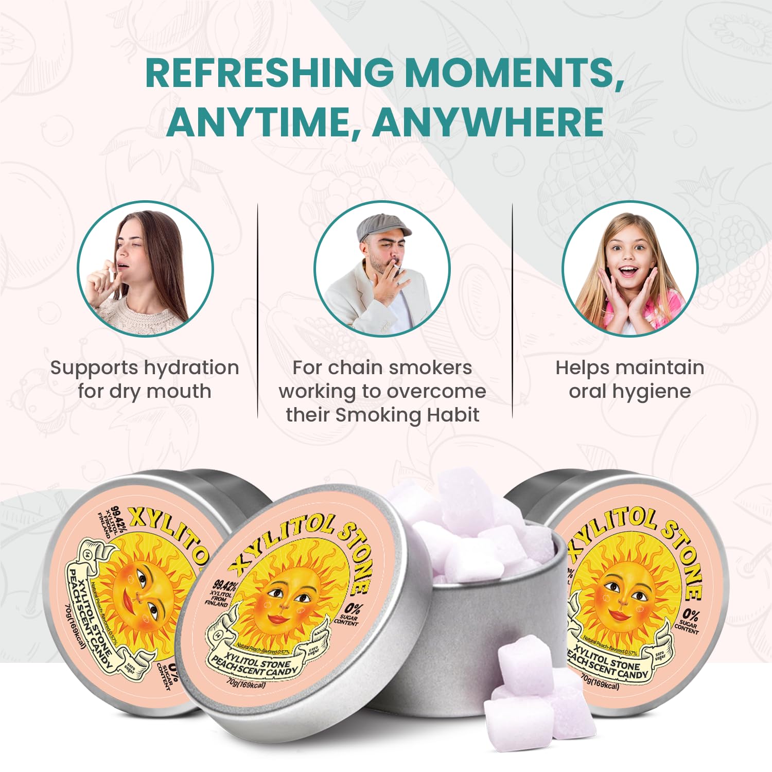 Xylitol Stone Sugar Free Candy - Vegan & Keto Friendly Unique Hard Candy Sugar-Free - 100% Natural Flavor Candies - Gluten Free & Non-GMO Breath Freshener Low Calorie Mints - Peach (Pack of 3)