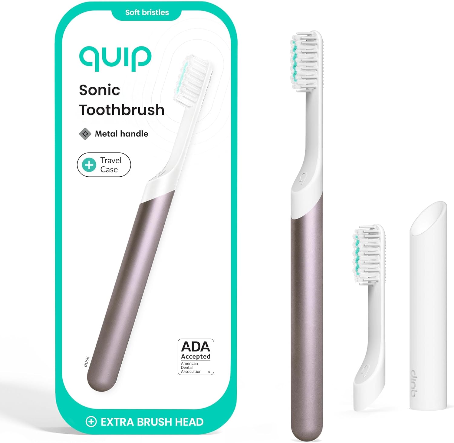Quip Metal Sonic Electric Toothbrush for Adults - Time Travel & Soft Bristles with Travel Case & Replacement Brush Head - 3 Month Battery Life - Dusk Plum