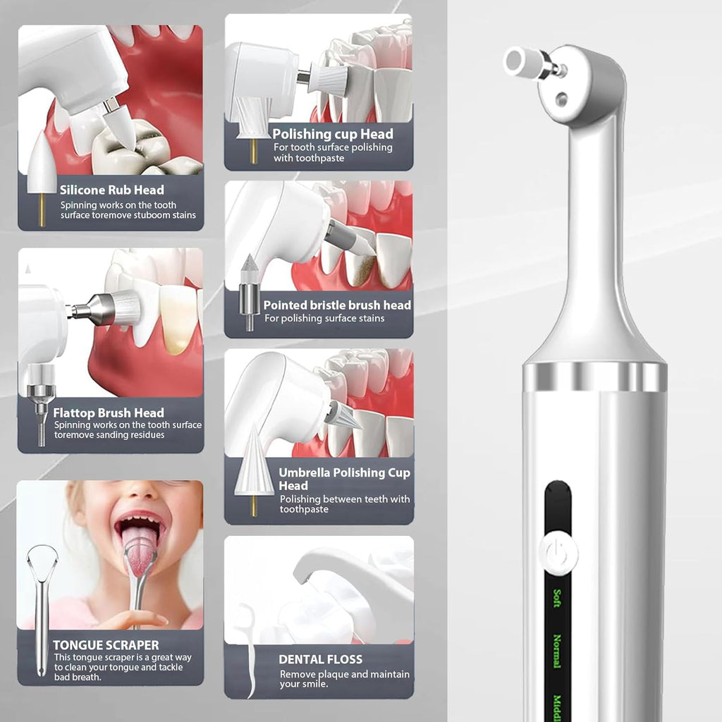 Plaque or Electric Tartar Polishing TeethKit with LED Light 5 Speed Modes with 5 Replacement Brush Heads (White)
