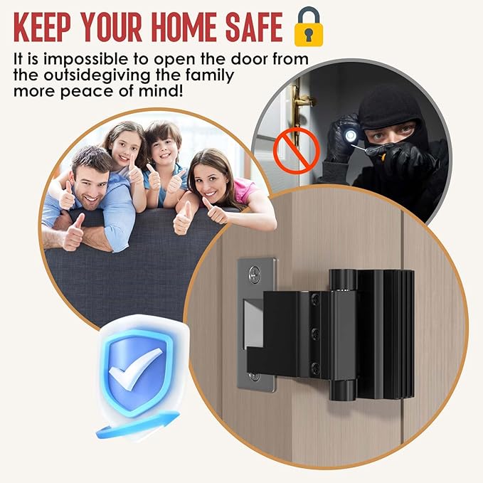 Portable Door Lock for Travel - No Drill Adjustable Latch, Hotel & Apartment Security, Child Proof Interior Defender for Inward Swinging Doors.（Black-1PCS）