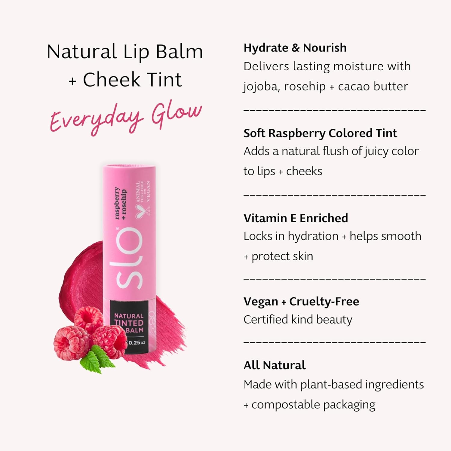 Slo | Natural Lip Balm - All Natural Ingredients, Vegan & Cruelty Free, Hydrating & Soothing, Plastic Free, Paper Packaging | Raspberry + Rosehip, (0.28oz/8g)