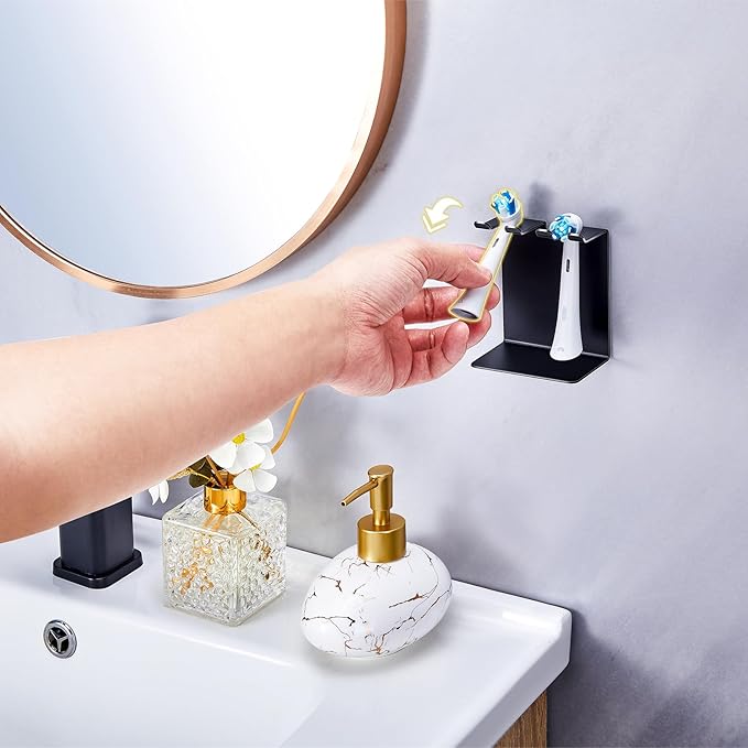 Electric Toothbrush Head Holder, Tooth Brushing Holder, Wall Mounted Toothbrush Holders Shower Bathroom, Self Adhesive or Desktop Tooth Brush Holder Organiser (Black, Small)