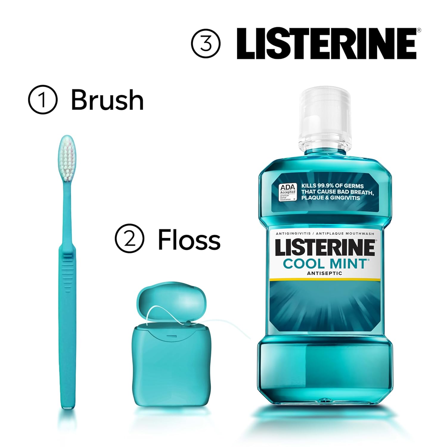 Listerine Cool Mint Antiseptic Mouthwash, Kills 99.9% of Germs That Cause Bad Breath, Plaque & Gingivitis, ADA Accepted, Clinically Proven, Cool Mint Flavor, for Adults, 1L Bottles, 2 Pack