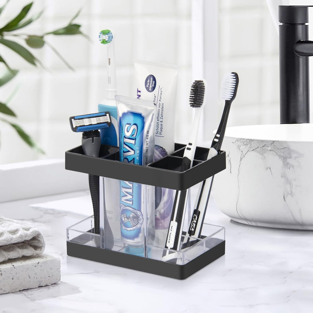 Toothbrush Holders for Bathrooms Countertop Organizer - Electric Toothbrush Holder Set, 5 Slots Toothbrush and Toothpaste Holder, Makeup Brush Storage Caddy for Family Kids (Black)