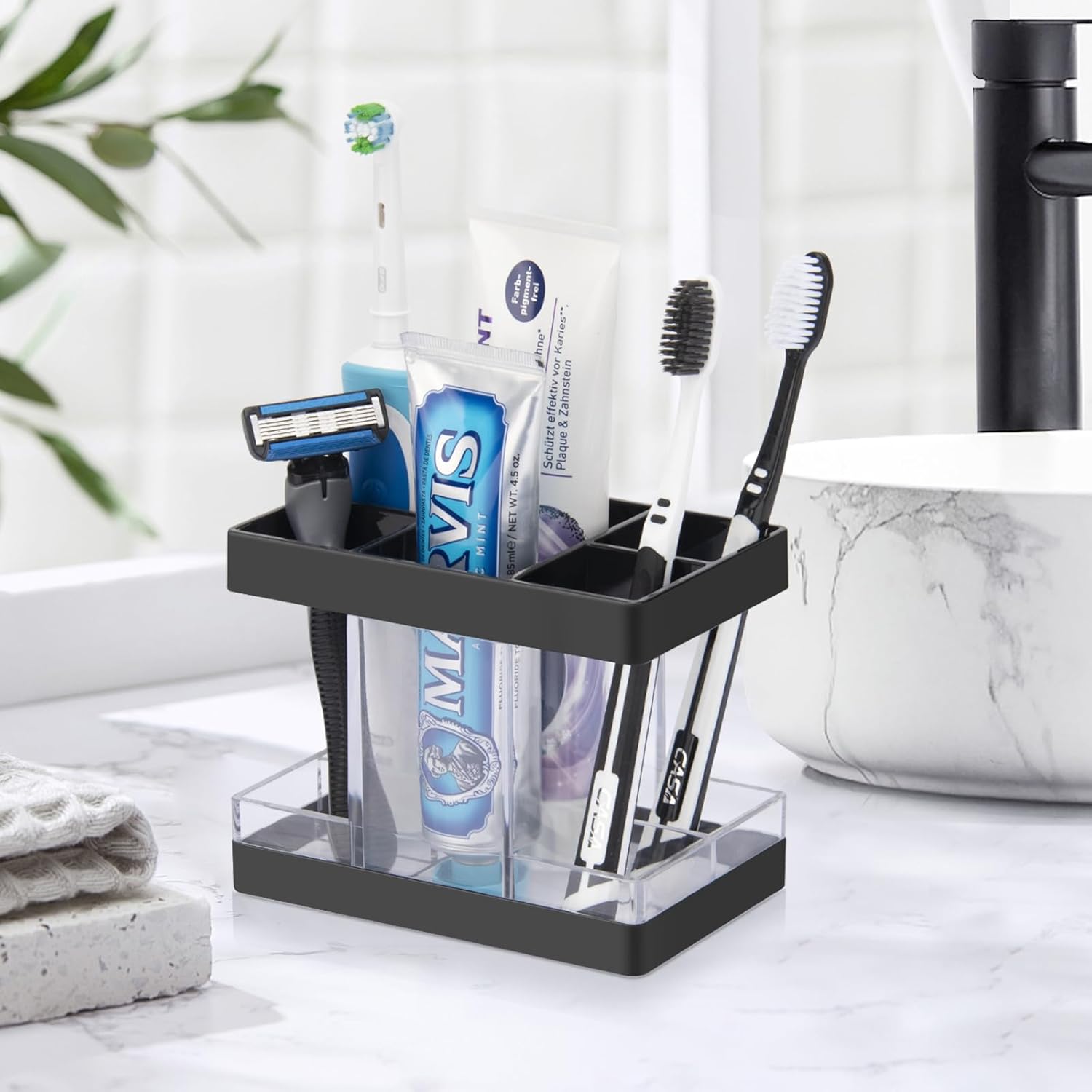 Toothbrush Holders for Bathrooms Countertop Organizer - Electric Toothbrush Holder Set, 5 Slots Toothbrush and Toothpaste Holder, Makeup Brush Storage Caddy for Family Kids (Black)