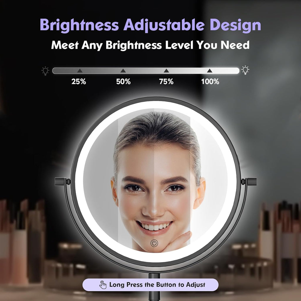 Rechargeable Wall Mounted Makeup Mirror - 8 Inch Double Sided 1X/10X Magnifying Mirror with 3 Color Lights Dimmable Touch Screen, 360°Swivel 19.6 Inch Extendable Accordion Bathroom Mirror - Black