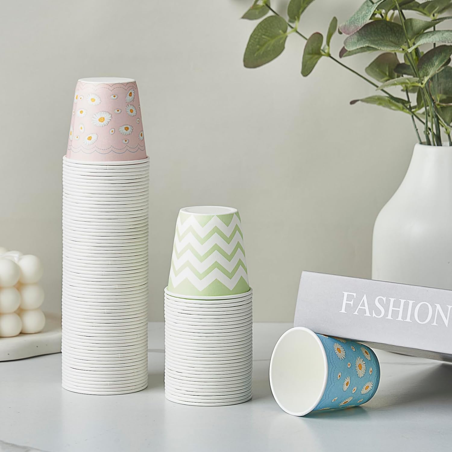 Tamone 600 Pack 3 oz Paper Cups, Small Bathroom Cups, Disposable Cups, Mini Paper Cups Daisy Design Pink, Blue, Mouthwash Cups for Party, Picnic, BBQ, Travel, Home and Event