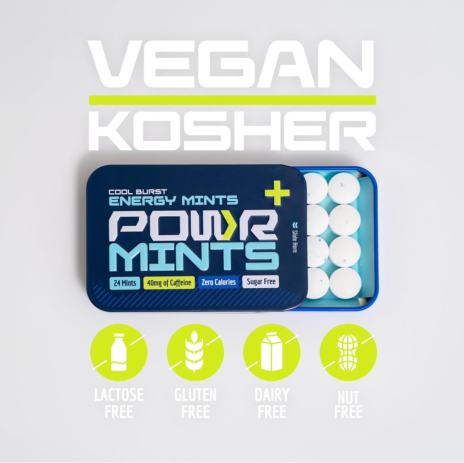 POWR Energy Mints - 24 Mints, 40mg of Caffeine Per Mint, Sugar Free, Zero Calories, No Aspartame - Pre-Workout, Cycling, Running, Endurance - Focus & Energy