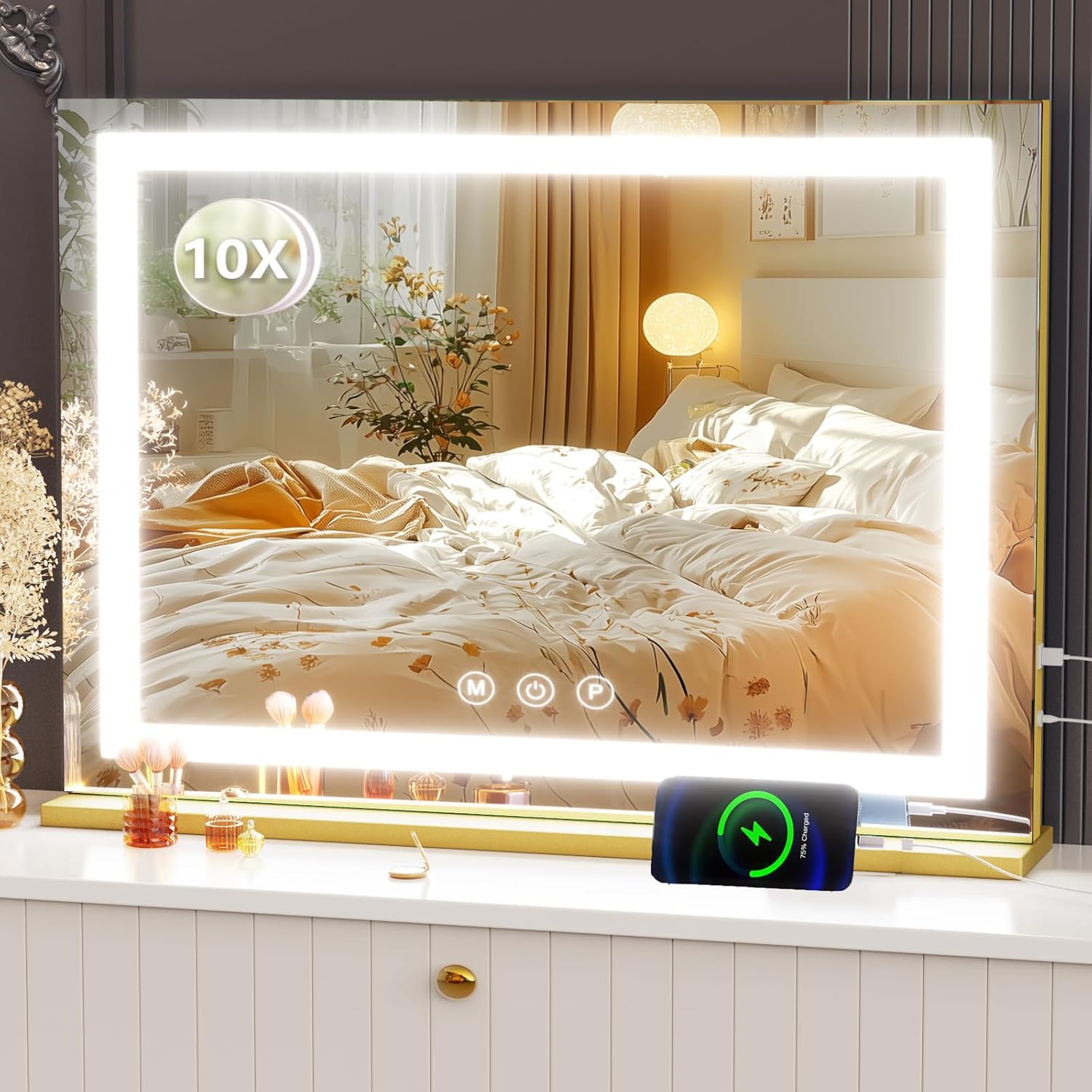 Makeup Vanity Mirror with Lights 20" L x 26" W Large LED Makeup Mirror, Light up Mirror with 10X Magnification and USB Charging Port, Dimmable 3 Modes, Touch Screen Control Square Gold