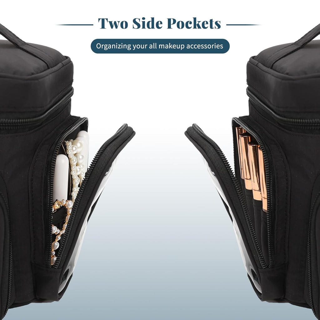 Travel Makeup Bag, Lightweight Large Makeup Bag Organizer for Women Girls with Makeup Brush Compartment & Two Side Pockets, Cosmetic Travel Bag Vertical Storage- Black02