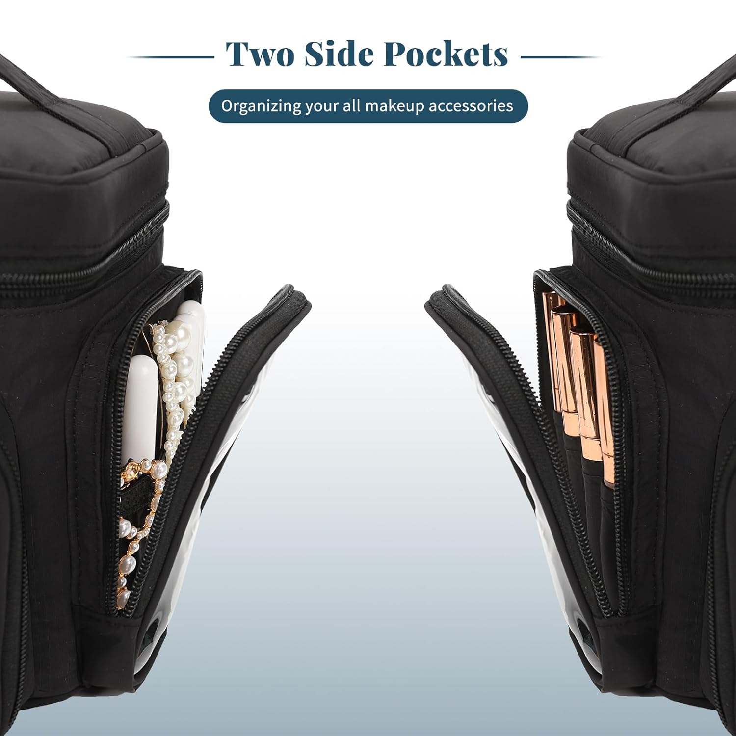 Travel Makeup Bag, Lightweight Large Makeup Bag Organizer for Women Girls with Makeup Brush Compartment & Two Side Pockets, Cosmetic Travel Bag Vertical Storage- Black02