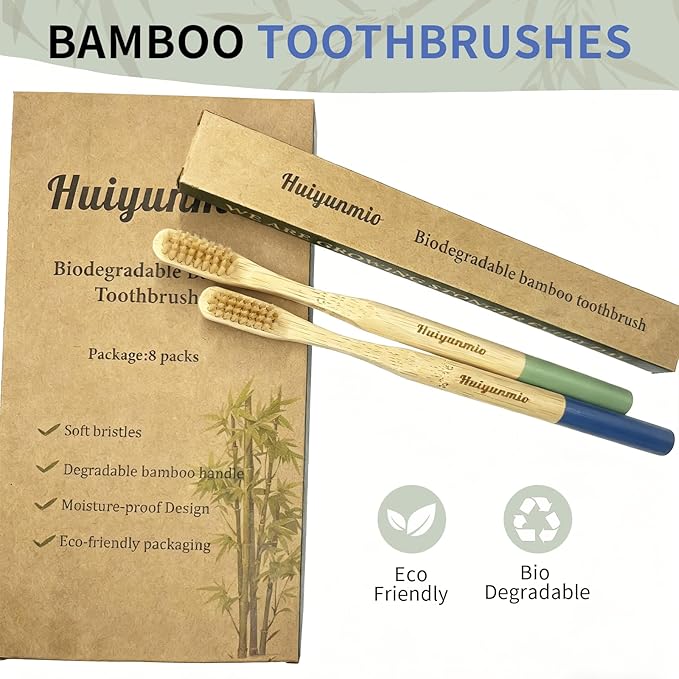 8 Pack Bamboo Toothbrushes - Soft Bristles, BPA Free, Eco-Friendly Natural Wooden Toothbrushes for Adults & Family, Zero Waste Compostable Handle