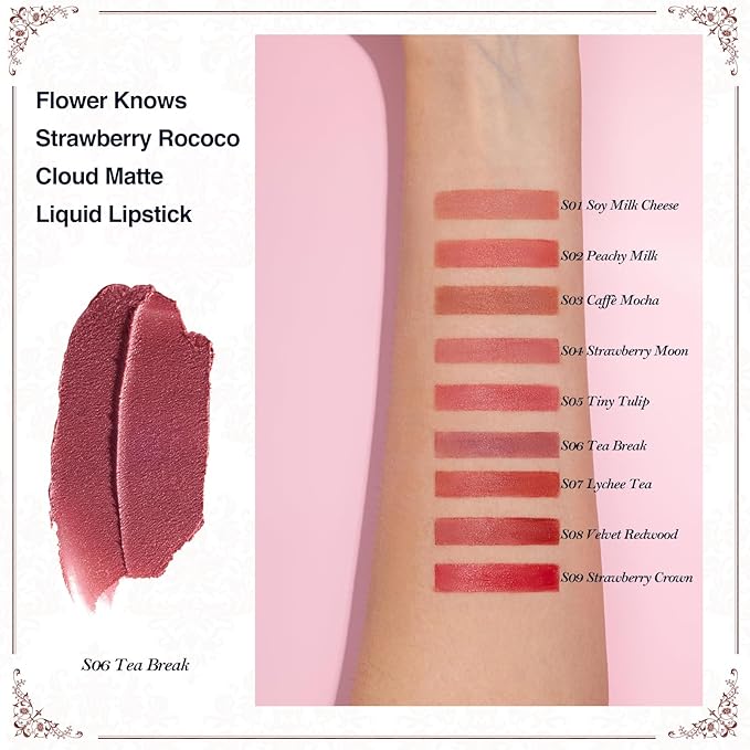 Flower Knows Strawberry Rococo Cloud Lip Cream,Long Lasting Mauve Pink Matte Lipstick,Hydrating Lip Stain,Transfer & Smudge Proof Velvet Liquid Lipstick for Girls&Women,0.12 Fl Oz(S06 Tea Break)