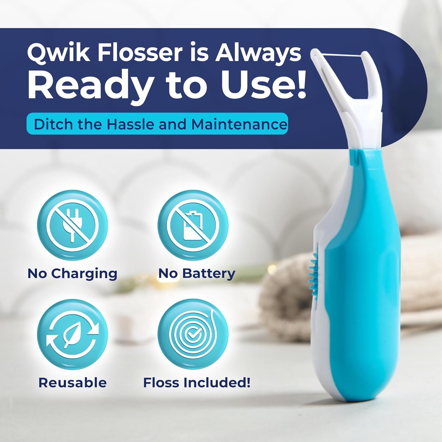 QWIK Automatic Dental Flosser | Click-to-Use, Reusable & Refillable | Pre-Loaded Floss with Travel Cover | Easy Flossing for Plaque Removal, Clean Teeth & Fresh Breath (Light Blue)