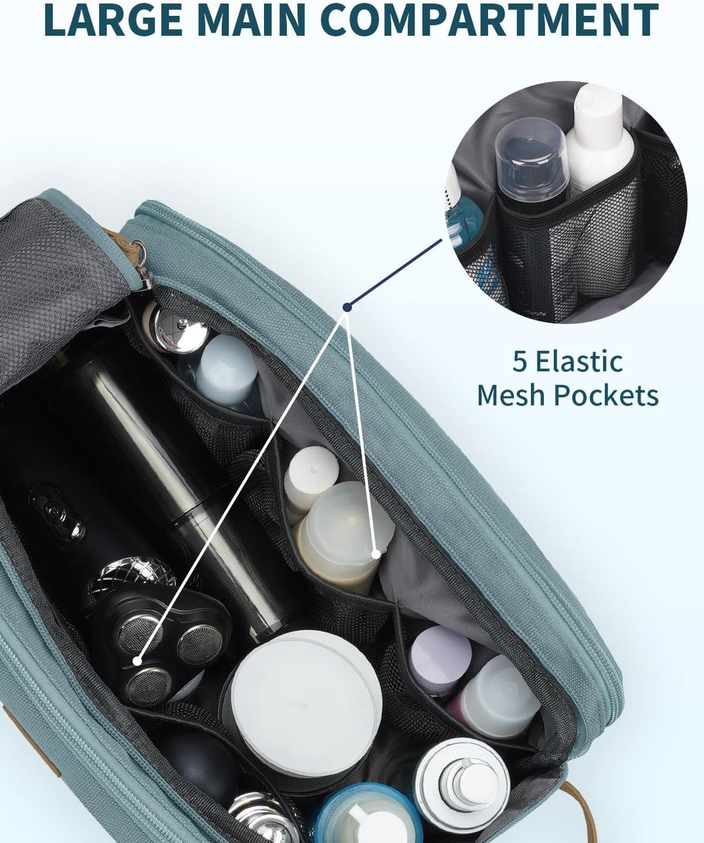 WANDF Toiletry Bag for Men Travel Toiletry Organizer Canvas and Leather Dopp Kit Water-Resistant Shaving Bag for Travel Accessories (Pale Blue, Large)
