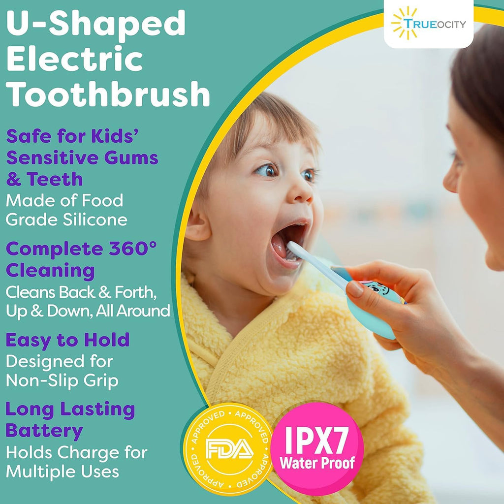 Trueocity Kids U Shape Toothbrush Auto Electric Toddler Rechargeable Kids Automatic Toothbrush | 360° U-Shaped Silicone Brush Head | Gentle Cleaning for Ages 2–7 2–7 | Unicorn Design (Turquoise)
