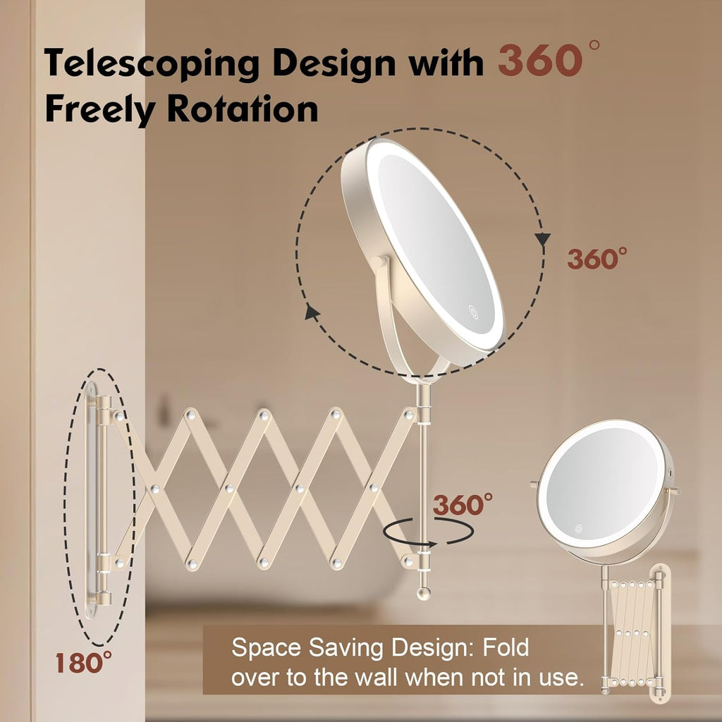 Rechargeable Wall Mounted Makeup Mirror - 8 Inch Double Sided 1X/10X Magnifying Mirror with 3 Color Lights Dimmable Touch Screen, 360°Swivel 19.6 Inch Extendable Accordion Bathroom Mirror - Nickel