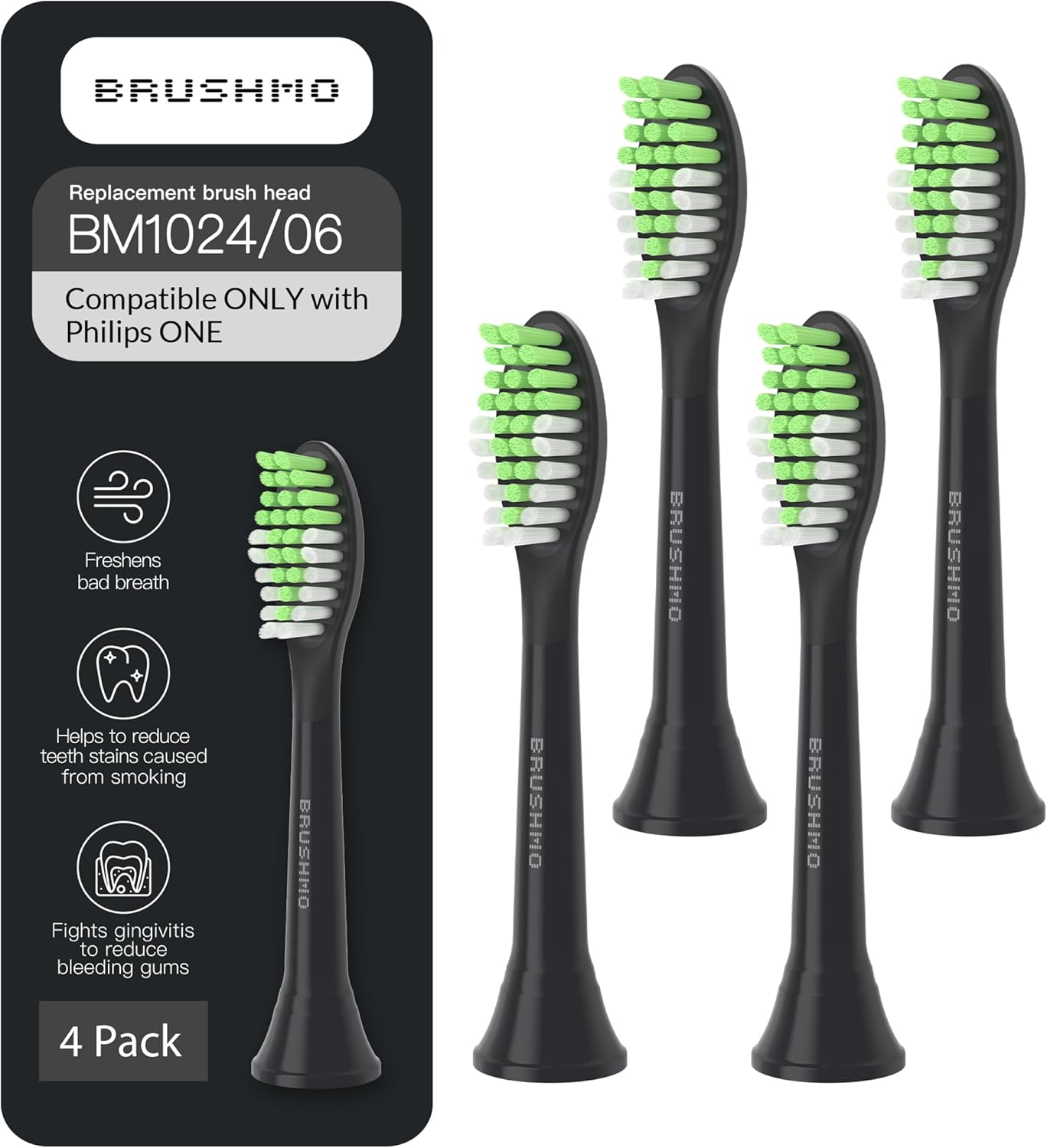 Brushmo Replacement Toothbrush Heads, Compatible with Philips One for Sonicare Electric Toothbrush Handles HY1022, 4 Standard Heads with Tongue Cleaner, Soft Dupont Bristles, BM124m, Shadow Black
