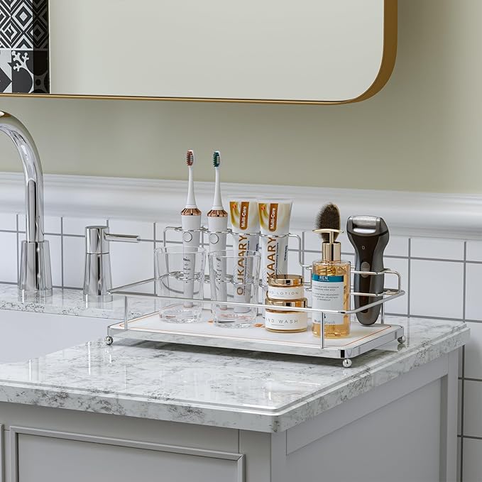 Toothbrush holderLarge Bathroom Organizer with 6 Slots Fast Drying Toothbrush, Cup & Makeup Storage for Sink Countertop,Electric & Manual Toothbrushes, Water Absorbent Diatomaceous Earth