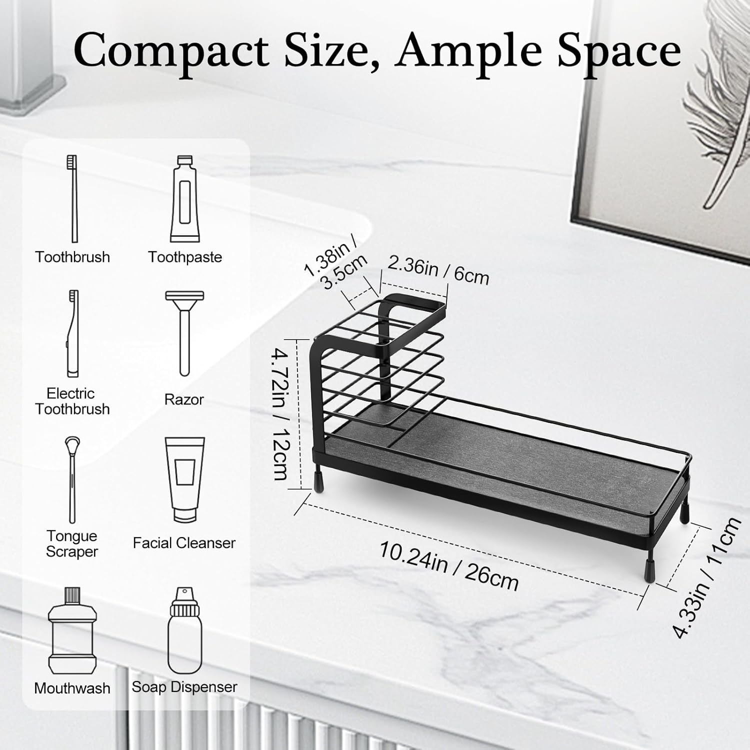 Luxspire Toothbrush Holders, Bathroom Organizer Countertop with Stone Drying Mat & Non-Slip Pads, Stainless Steel Electric Toothbrush Holder for Bathroom Countertop & Kitchen Sink, Black