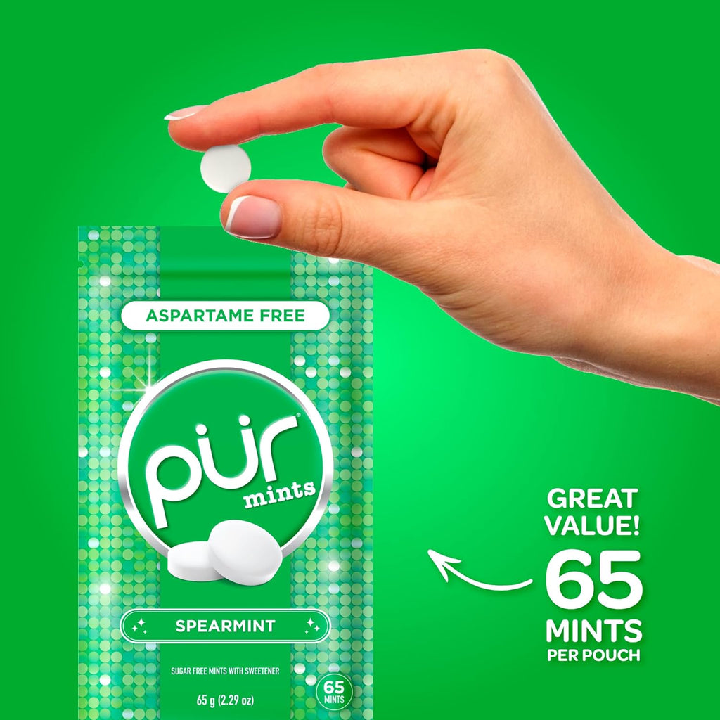 PUR Mints | Aspartame Free Breath Mints | Made with Xylitol | Sugar Free, Vegan, Gluten Free | Natural Spearmint Flavor | 65 Pieces in Re-Sealable pouch (Pack of 1)